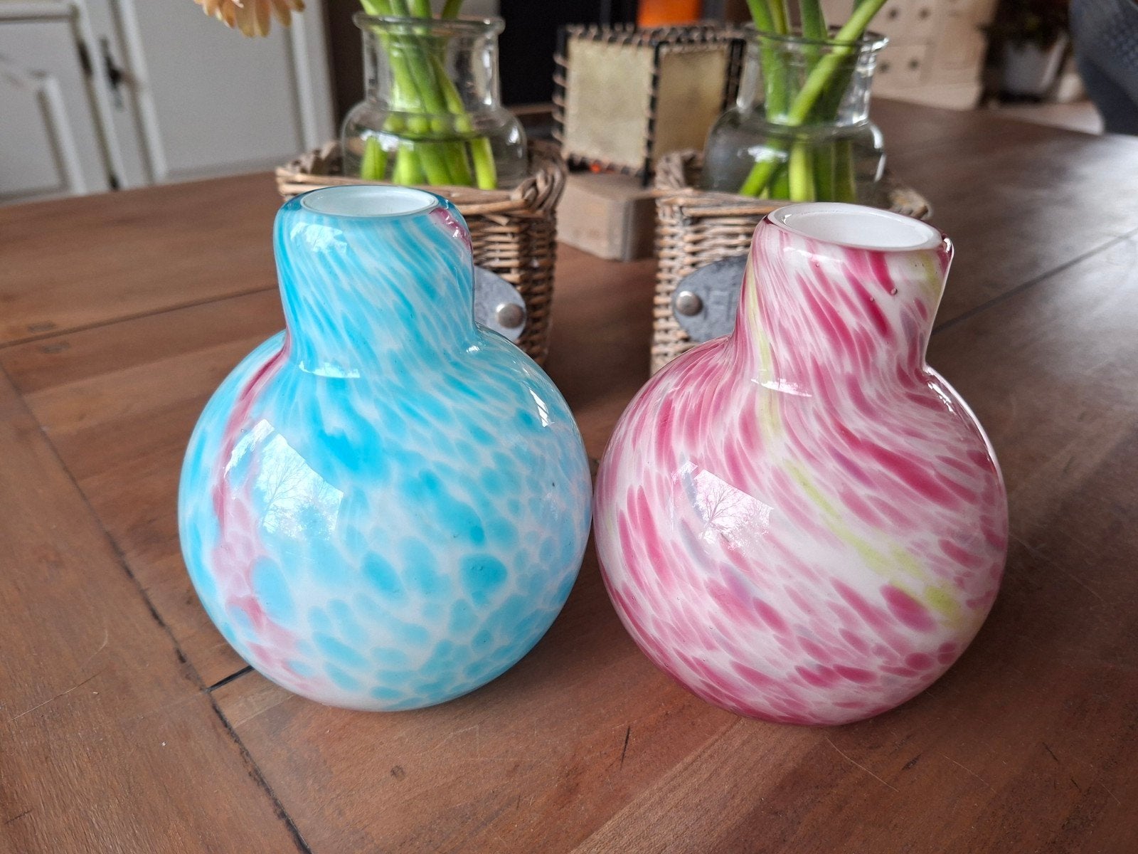 Set van 2 Vintage Spatter Glas Vazen - Roze & Blauw Confetti, Antiek en Kunst, Ophalen of Verzenden