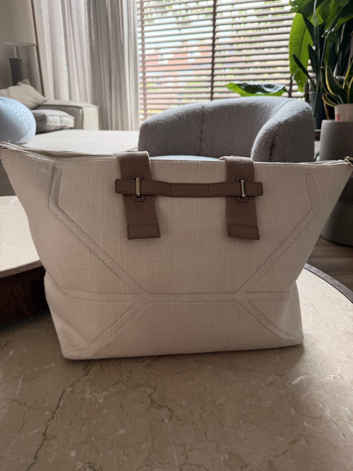 Furla Giove L Tote – shopper canvas & leer, Ophalen of Verzenden, Zo goed als nieuw, Beige, Shopper