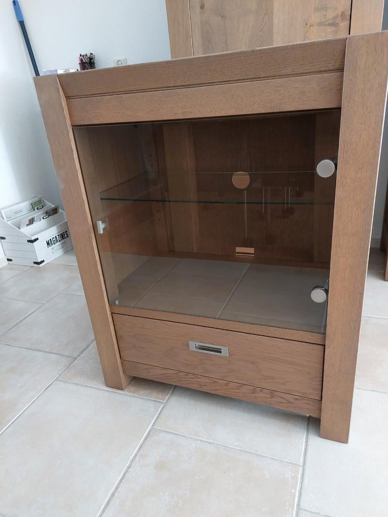 Houten TV-meubel met glazen deur en lade, Glas, Gebruikt, Minder dan 100 cm, Modern