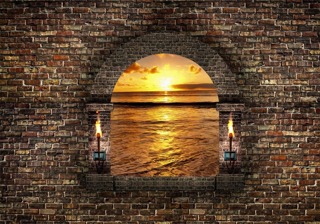 18 Muur Raam Sunset Vlies Fotobehang 350x250cm in 3 maten, Ophalen of Verzenden, Fotobehang, Meerkleurig