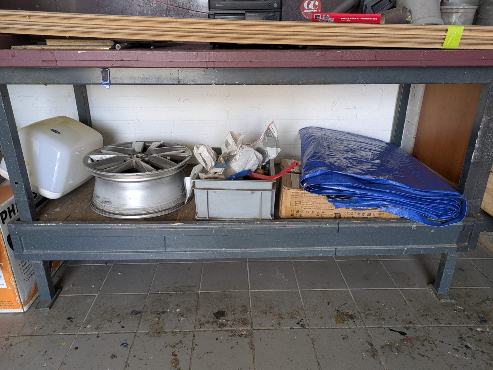 Werkbank met stalen frame, houten blad en 3 lades, Ophalen of Verzenden