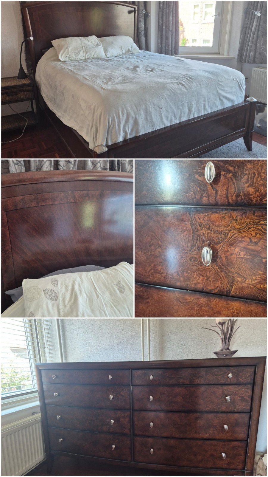 Houten tweepersoonsbed en commode met zilveren detai, Ophalen, Bruin, Tweepersoons, Zo goed als nieuw