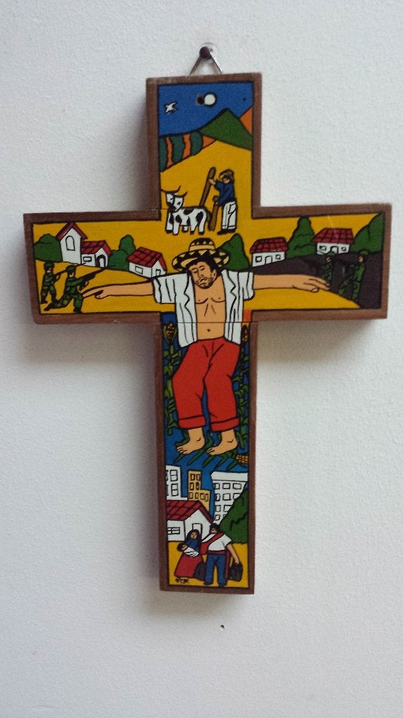 Kleurrijk Houten KRUIS <> Handwerk uit El Salvador, Verzamelen, Religie, Ophalen of Verzenden, Gebruikt, Beeld(je), Christendom | Katholiek