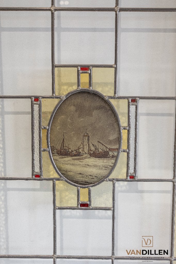 Antieke ensuite schuifdeuren glas in lood gebrandschilderd, 120 cm of meer, Binnendeur, Ophalen of Verzenden, Zo goed als nieuw