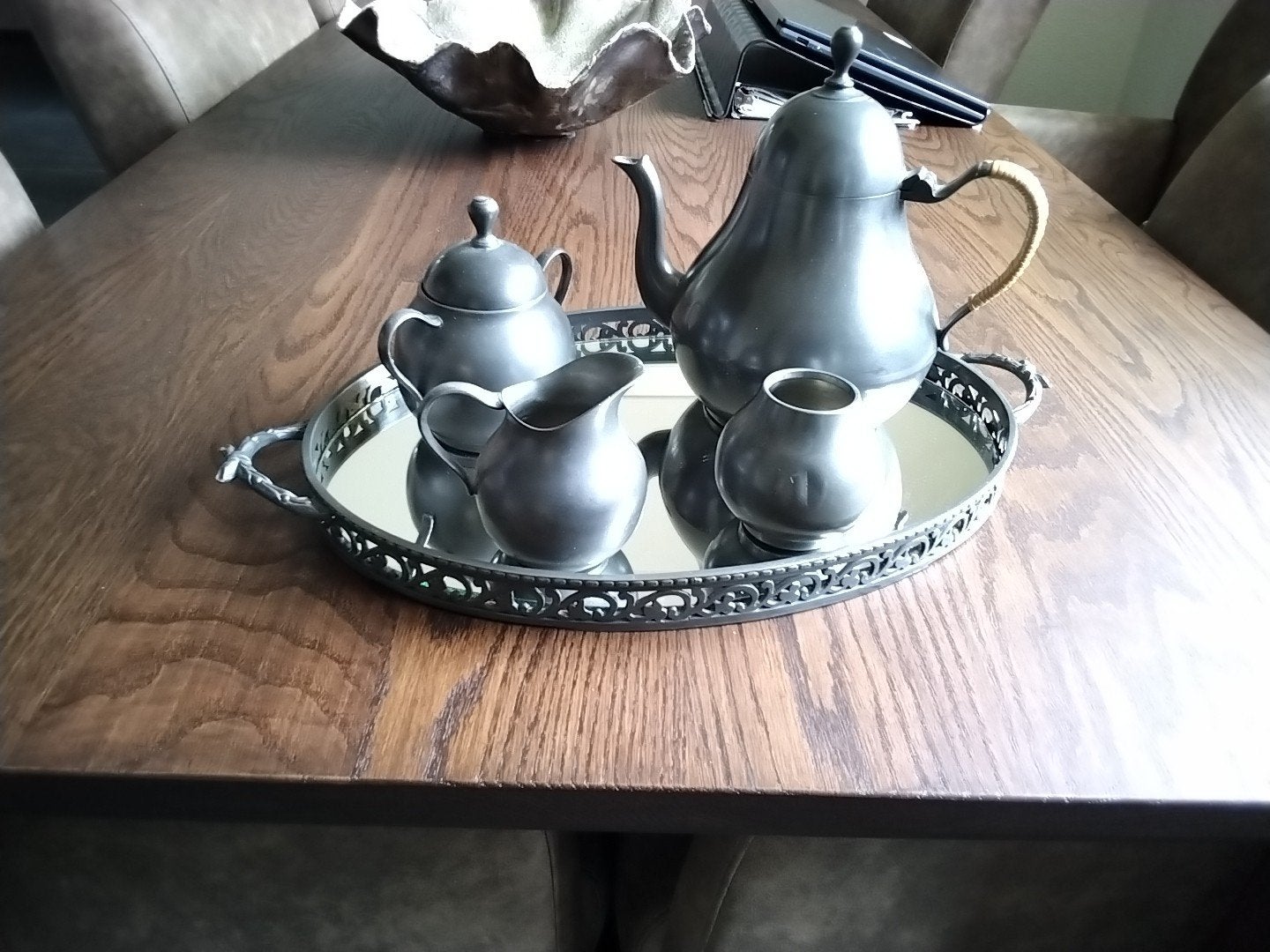 Oud tinnen koffiestel op dienblad, Ophalen of Verzenden