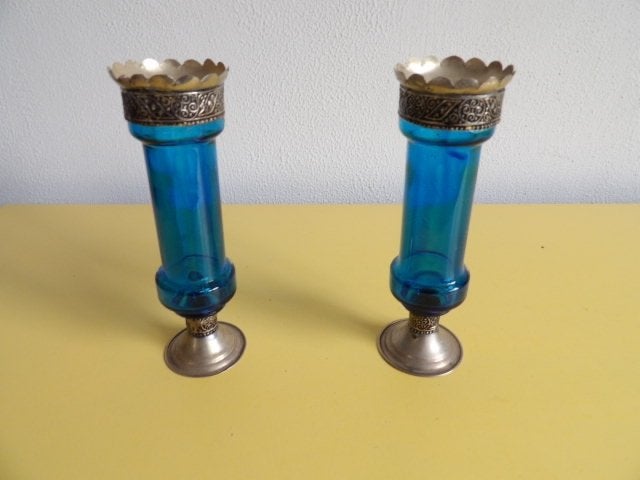 MAROKKAANSE KANDELAARS VAN BLAUW GLAS, Huis en Inrichting, Woonaccessoires | Kandelaars en Kaarsen, Gebruikt, Blauw, Overige merken