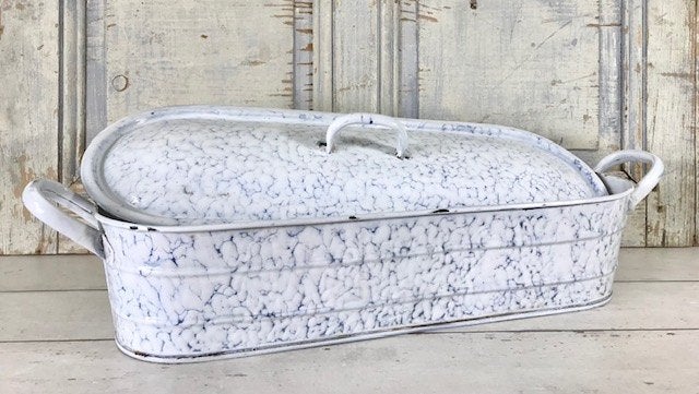 Grote Franse geëmailleerde vintage vispan wit blauw gewolkt, Antiek en Kunst, Antiek | Emaille, Ophalen of Verzenden