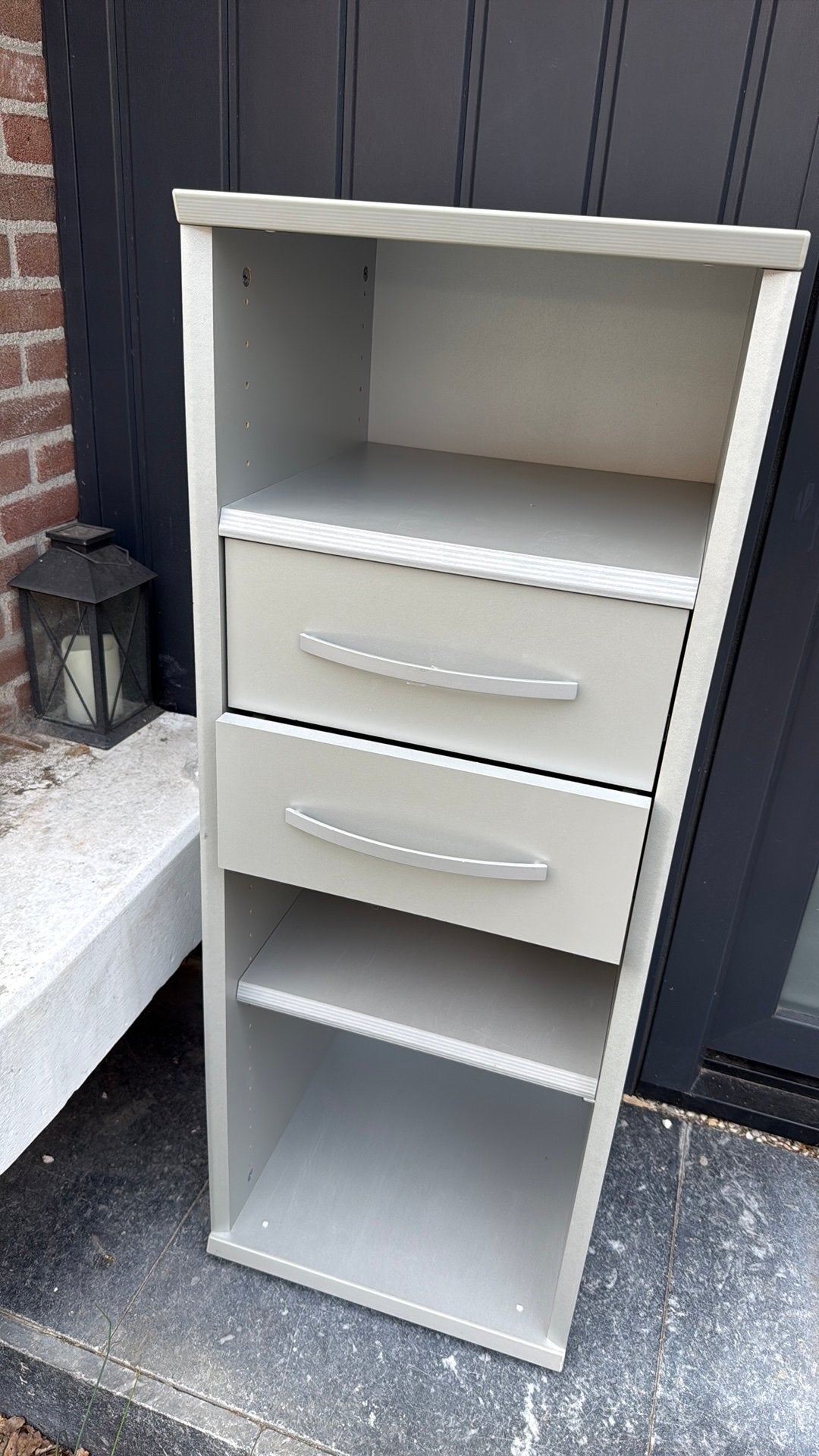 Grijze kast met lades en planken, Ophalen, Minder dan 50 cm, Gebruikt, Met lade(s)