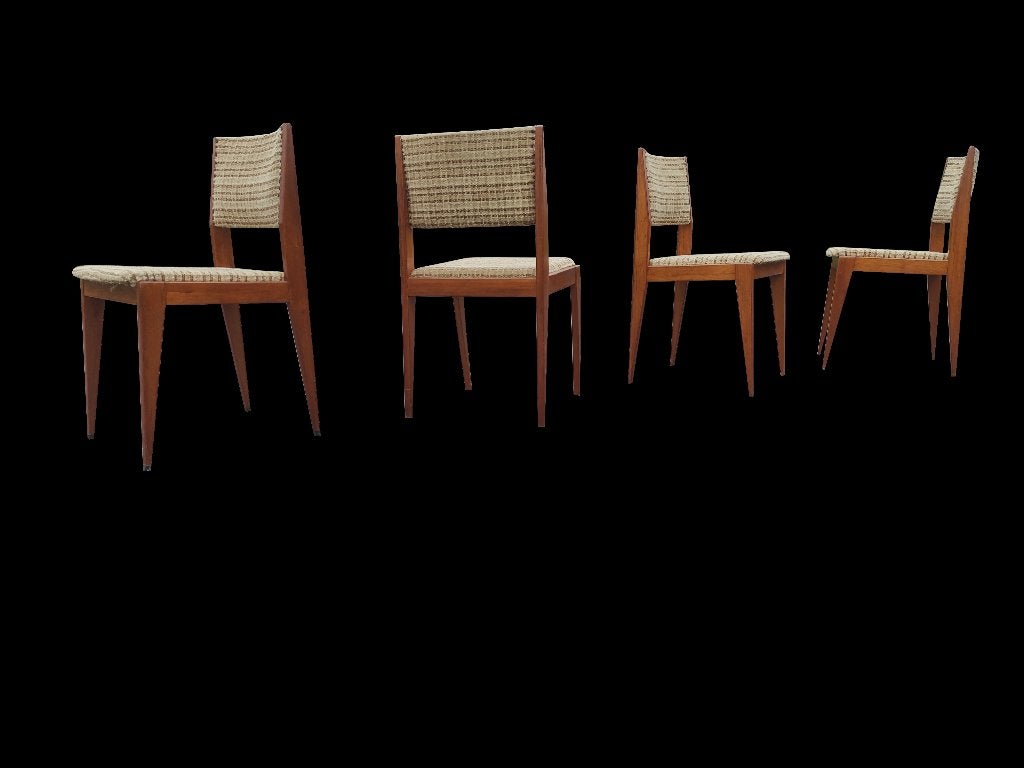 Schitterende vintage geometrisch modernist Pia Cado stoelen, Huis en Inrichting, Stoelen, Gebruikt, Vier, Hout, Stof, Overige kleuren