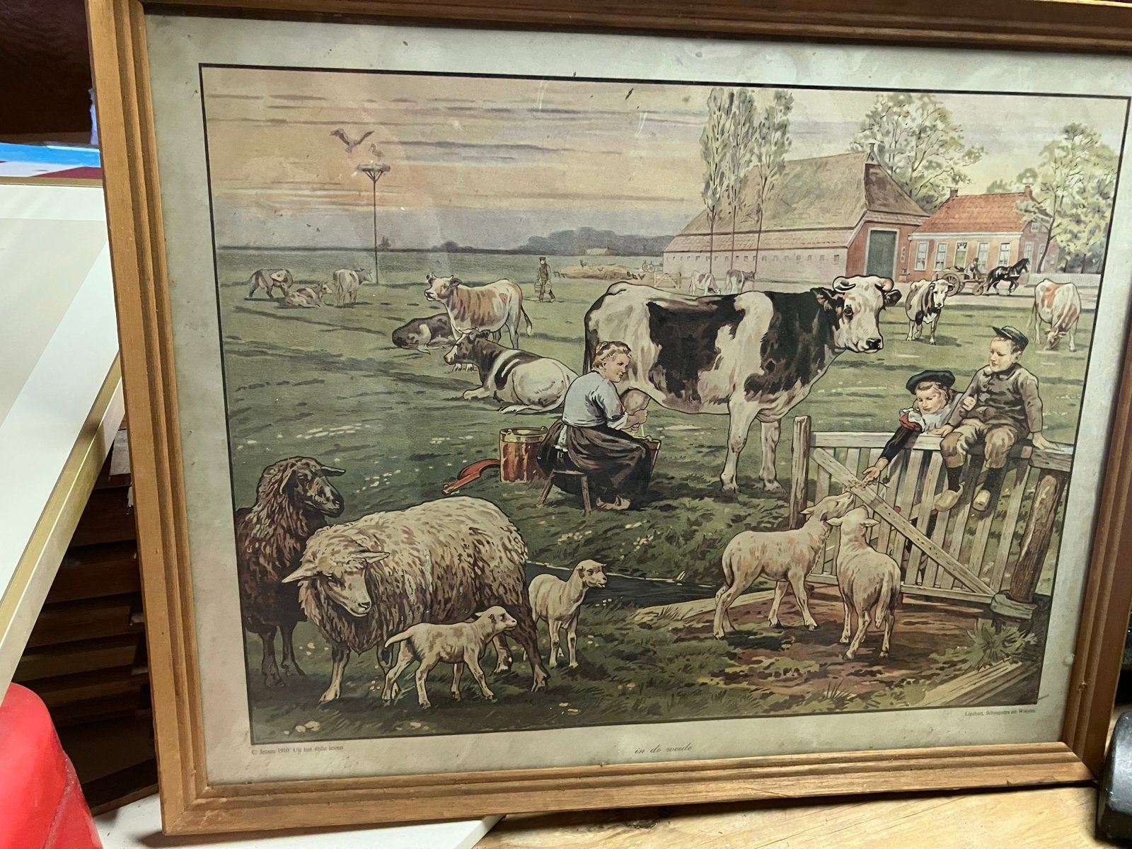 Oude boerderijtafereel met dieren en mensen, Antiek en Kunst, Antiek | Schoolplaten, Ophalen of Verzenden, Overige thema's