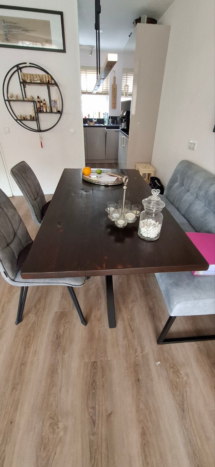 Houten eettafel (wagondelen) stalen spinnenpoot, Gebruikt, Industrieel, robuust, 50 tot 100 cm, 150 tot 200 cm
