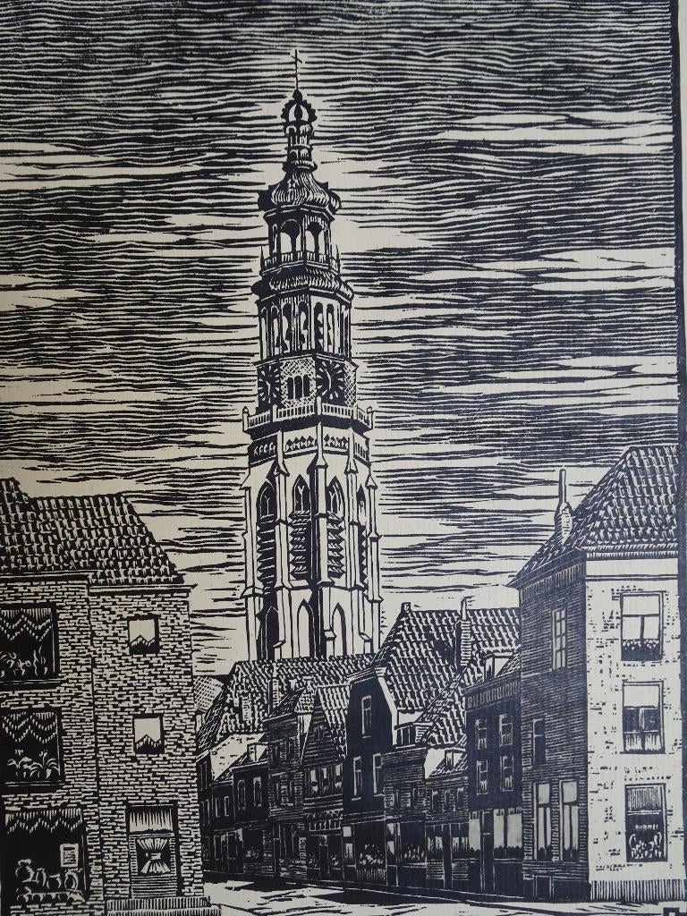 Oude houtsnede Kerk Lange Jan Middelburg, W. Paulus, Antiek en Kunst, Kunst | Etsen en Gravures, Stadsgezicht, 1950 - 1999, Verzenden