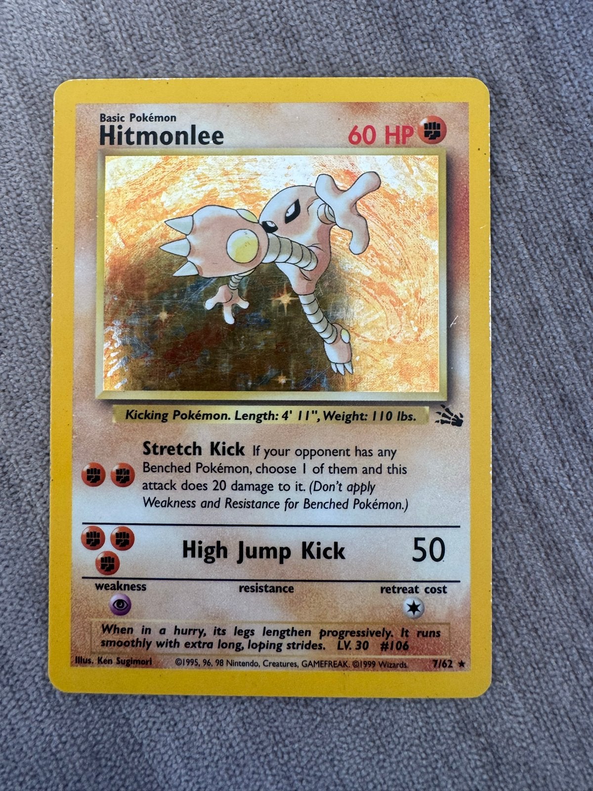 Hitmonlee Holo 7/62 Fossil  Set Pokémon Kaart, Ophalen of Verzenden, Losse kaart, Foil