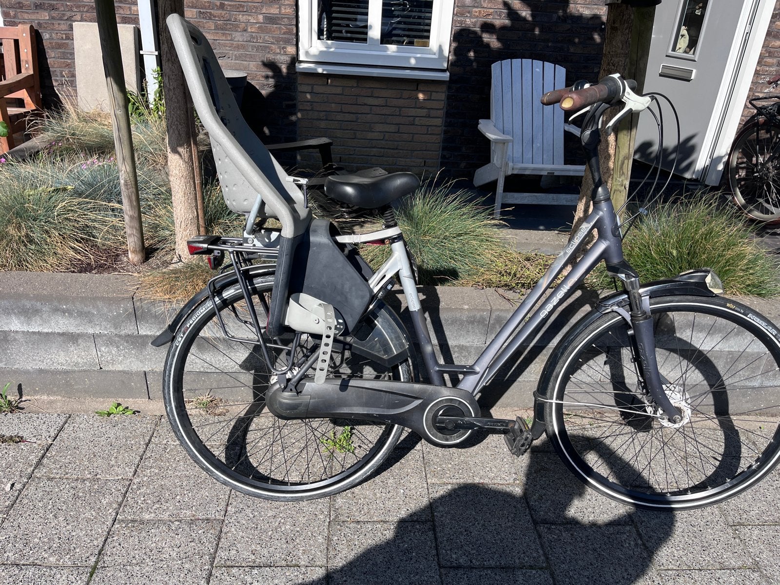Gazelle Eclipse damesfiets met kinderzitje, Ophalen, Velgrem, Versnellingen, Gazelle