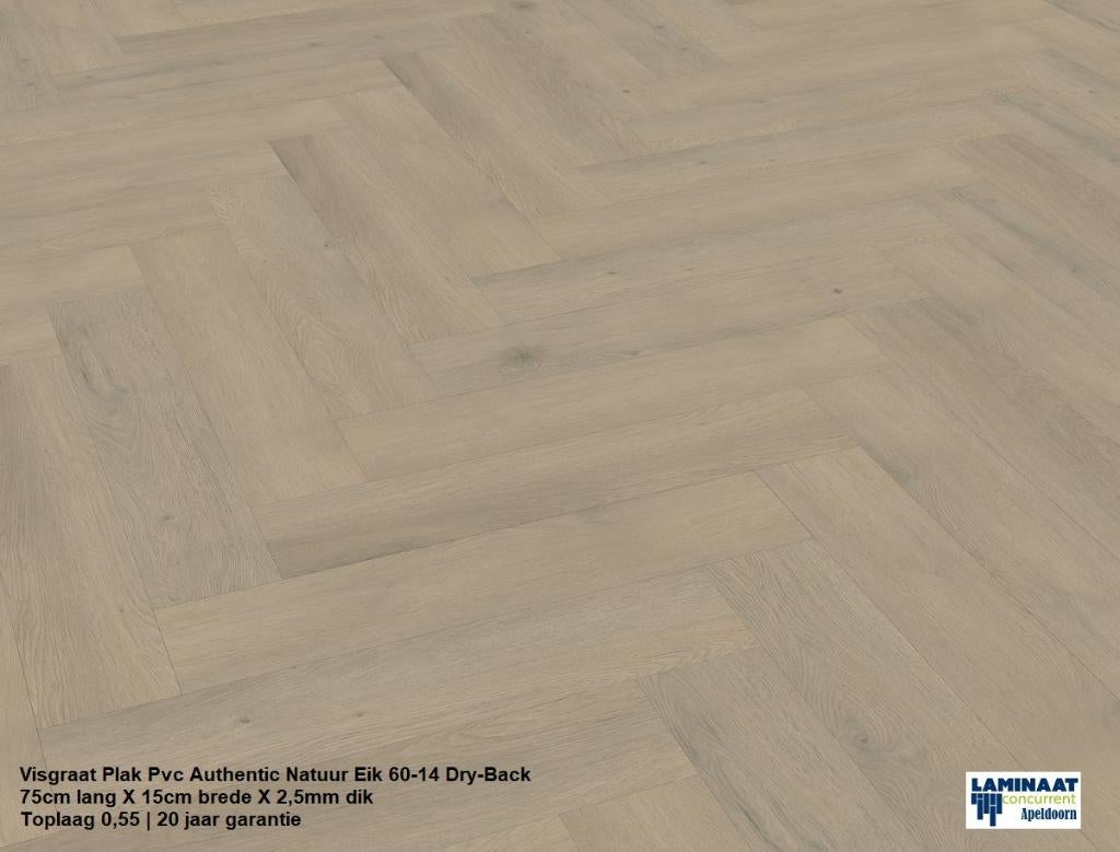 Visgraat Plak Pvc Natuur Eik 60-14 Toplaag 0,55 €23,95m2, Huis en Inrichting, Stoffering | Vloerbedekking, 75 m² of meer, Beige