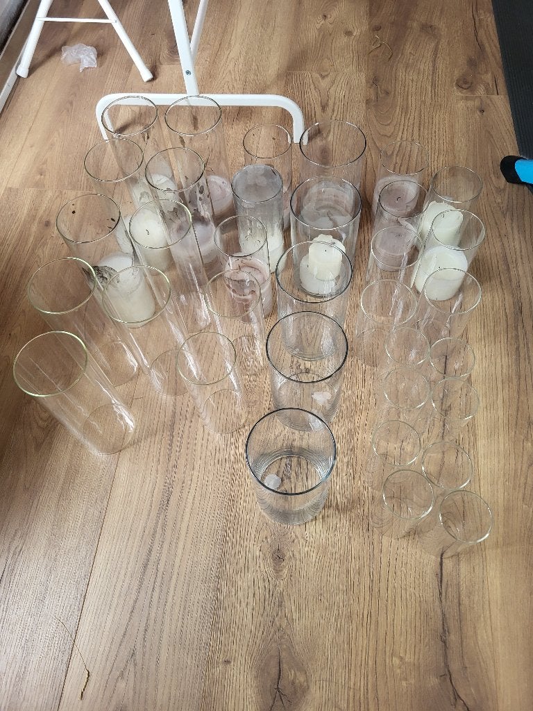 Windlichten, glazen cilinders, glazen vazen (34 stuks), Ophalen, Gebruikt, Glas