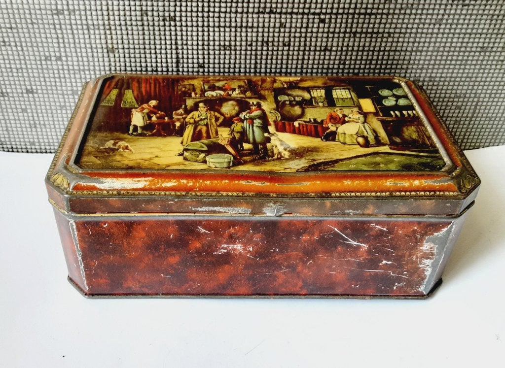 vintage koektrommel van de gruyter met interieur van herberg, Verzenden, Gebruikt, Koek(jes)