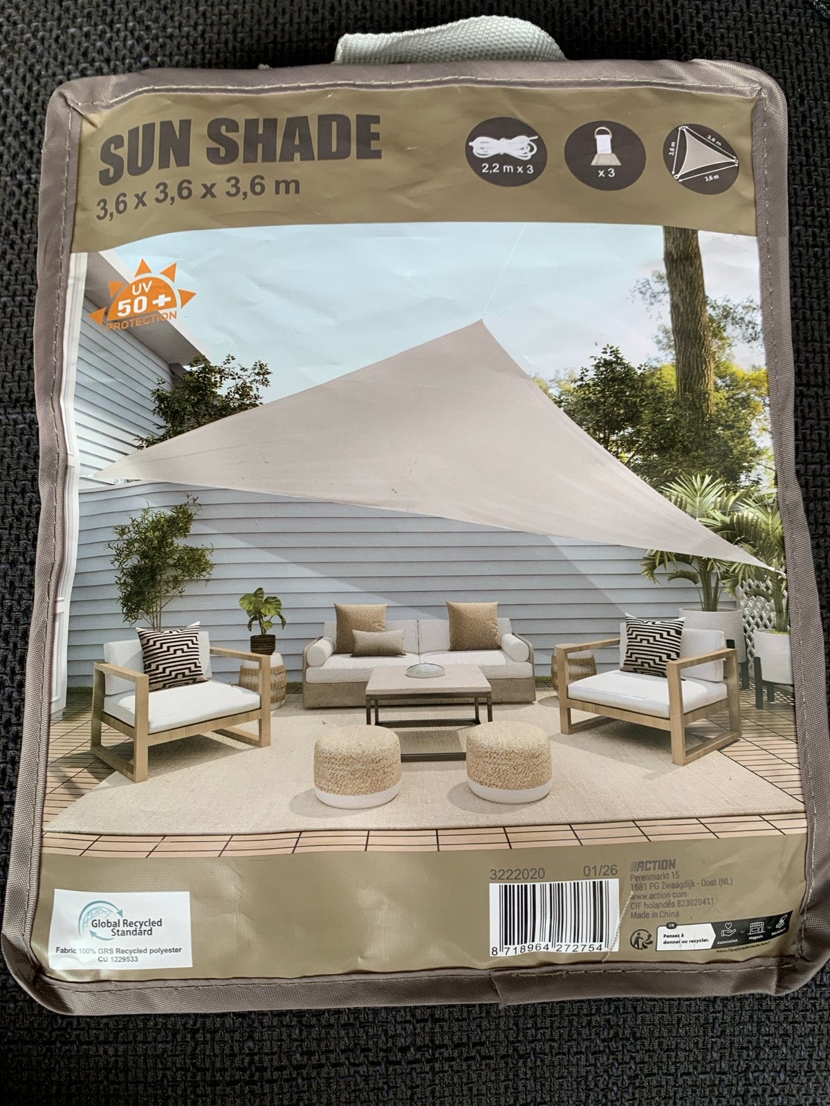 Nieuw Schaduwdoek 3,6x3,6x3,6m met UV 50+ bescherming, Ophalen of Verzenden, Nieuw