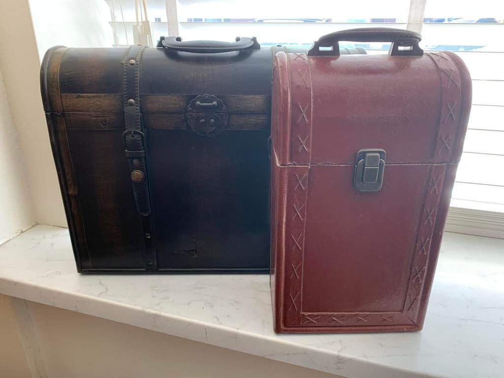 2 Klassieke Houten Koffers voor Wijnflessen Opslag, Ophalen of Verzenden, Gebruikt, Overige houtsoorten