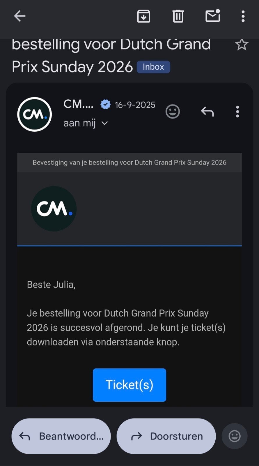 Dutch GP 2026 Zondag Ticket – Arena Grandstand – Origineel, Eén persoon, Augustus