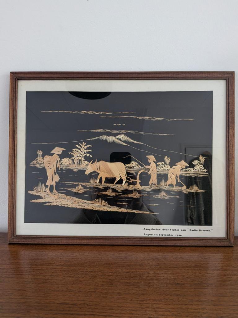 Vintage marqueterie uit indie / Indonesie, jaren 70-80, Antiek en Kunst, Kunst | Schilderijen | Klassiek, Ophalen of Verzenden