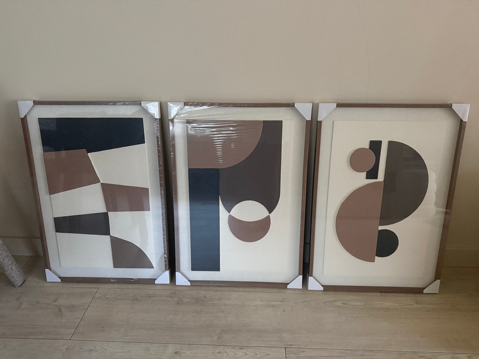 Set van 3 x abstract schilderij - taupe beige walnoot kunst, Ophalen