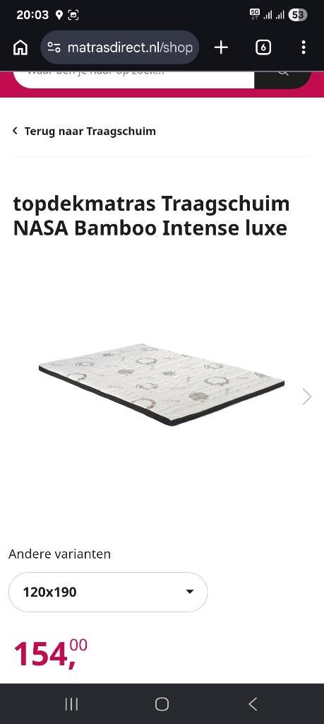Matras Traagschuim NASA Bamboo Intense luxe 120 x 190, Huis en Inrichting, Slaapkamer | Matrassen en Bedbodems, Ophalen, Tweepersoons