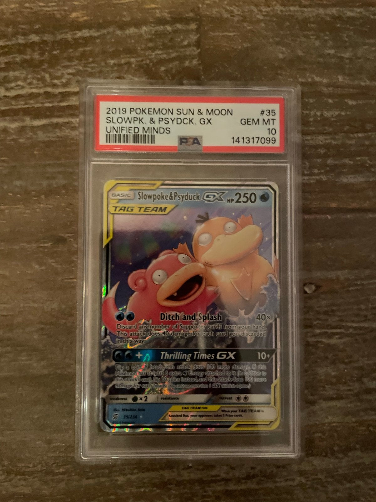 PSA 10 Slowpoke & Psyduck GX (Unified Minds) Pokémon Kaart, Ophalen of Verzenden, Zo goed als nieuw, Losse kaart