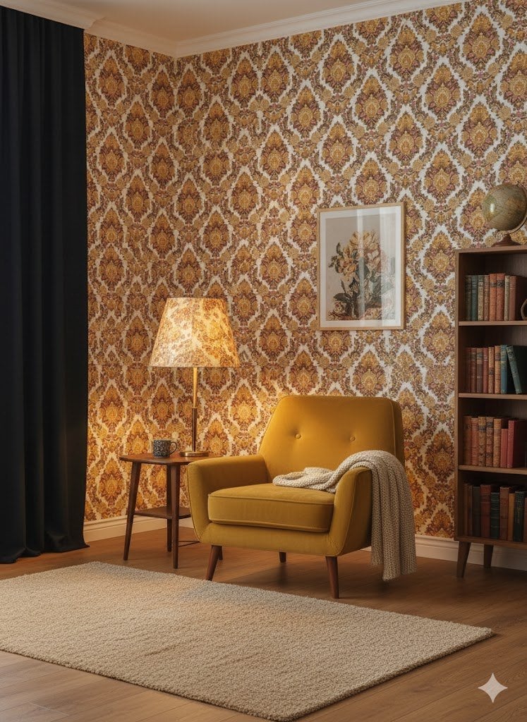 14225 barok behang oranje oker met bruin en creme swiet, Huis en Inrichting, Stoffering | Behang, Verzenden, Minder dan 10 m²