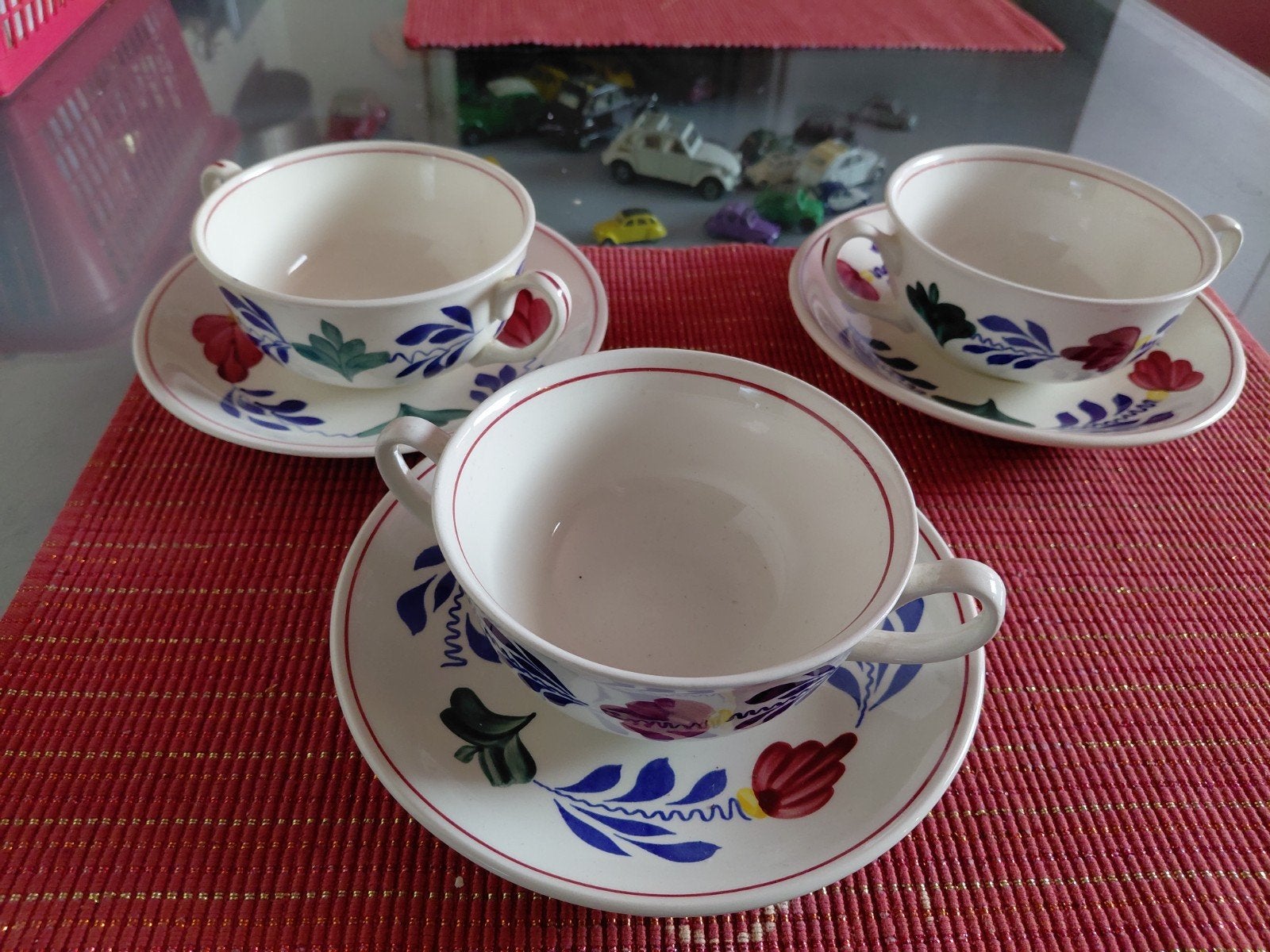 Set van 3  boerenbont soepkommen met schotels, Ophalen of Verzenden