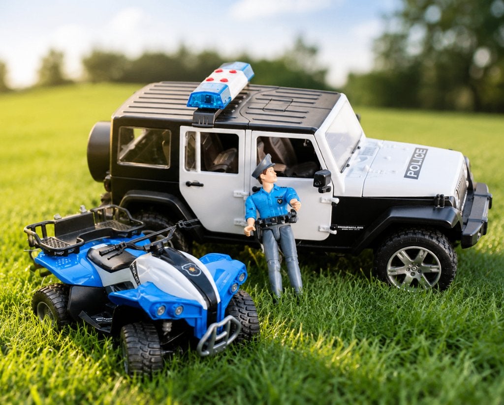 Bruder JEEP Politie Pick-up met Quad en Agent, Ophalen of Verzenden, Zo goed als nieuw