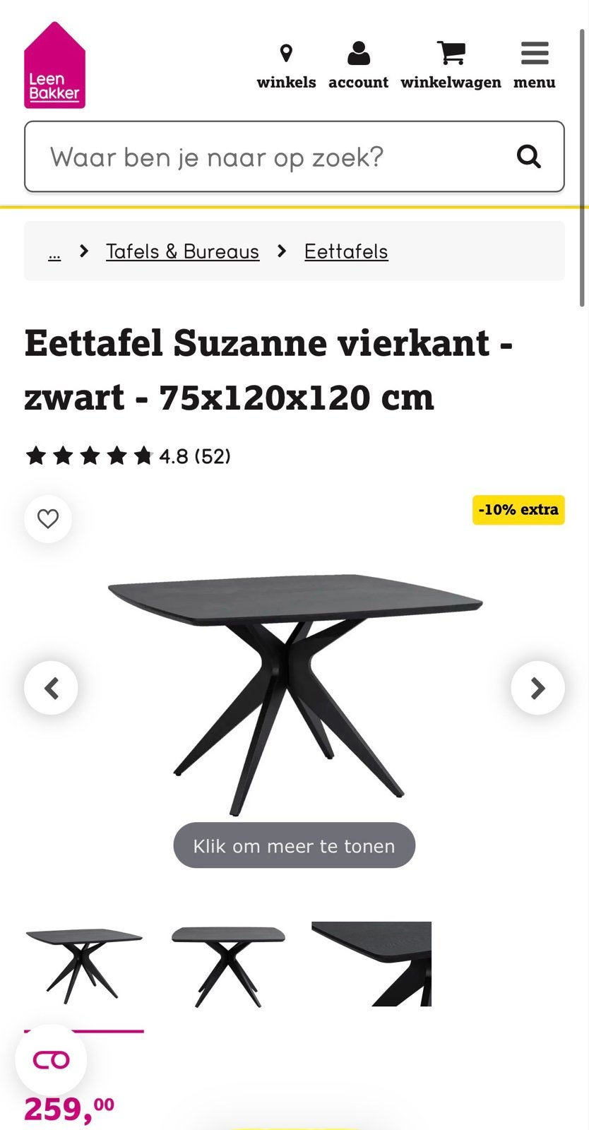Leen Bakker Suzanne eettafel - zwart, vierkant met ronde hoe, Huis en Inrichting, Ophalen, Zo goed als nieuw, Vierkant, 100 tot 150 cm