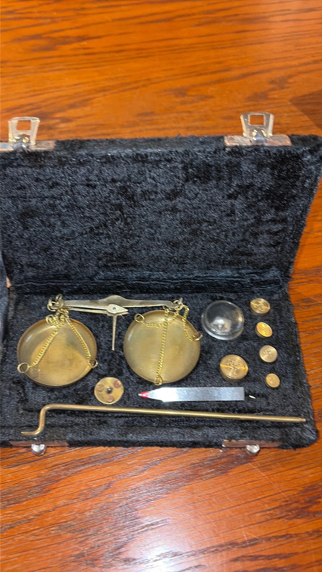 Vintage messing goud weegschaal met gewichten, Ophalen of Verzenden