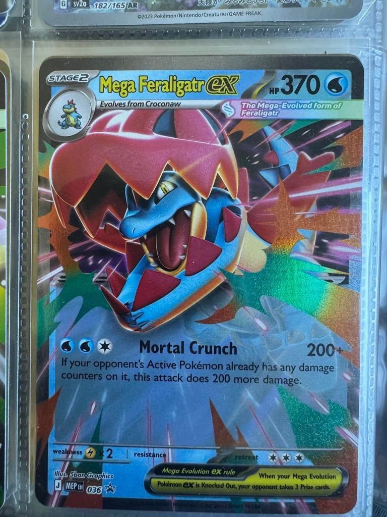 Mega Emboar Ex, Mega meganium Ex, Mega Feraligatr Ex, Ophalen of Verzenden, Zo goed als nieuw, Meerdere kaarten, Foil