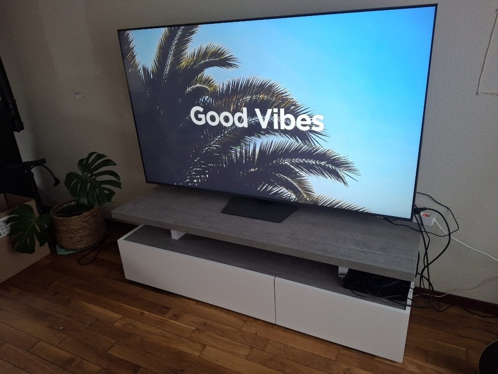Modern TV-meubel met lades en betonlook blad, Ophalen, 100 tot 150 cm, Zo goed als nieuw, Minder dan 100 cm