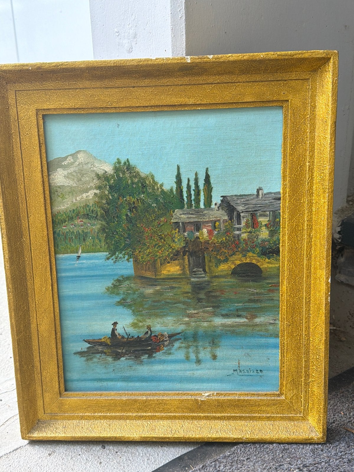 Olieverfschilderij: Italiaans landschap met bootje, Antiek en Kunst, Ophalen, Doek, Gesigneerd, Landschap