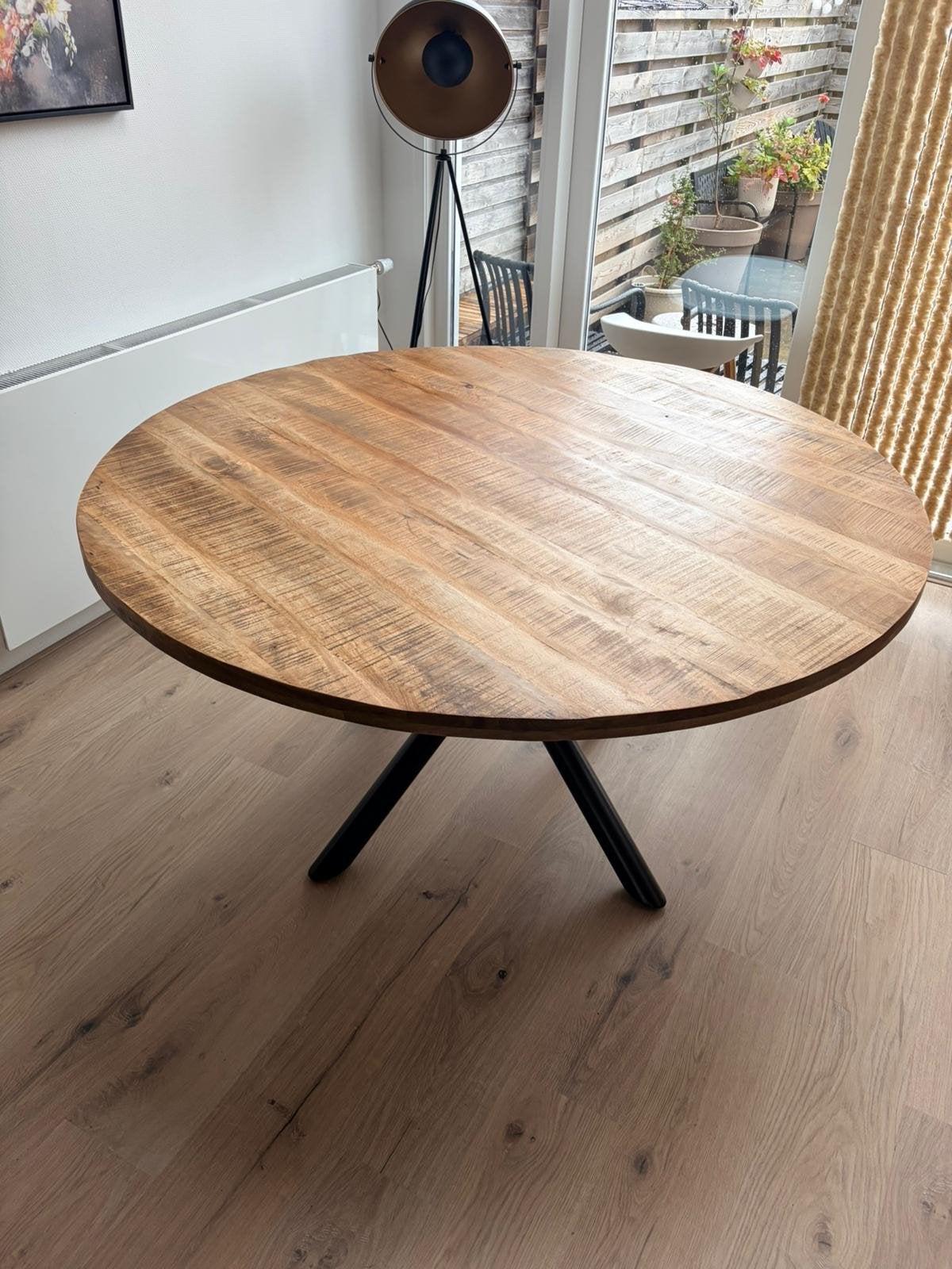 Ronde eettafel mangohout, Huis en Inrichting, Tafels | Eettafels, Ophalen, 100 tot 150 cm, Rond, Zo goed als nieuw
