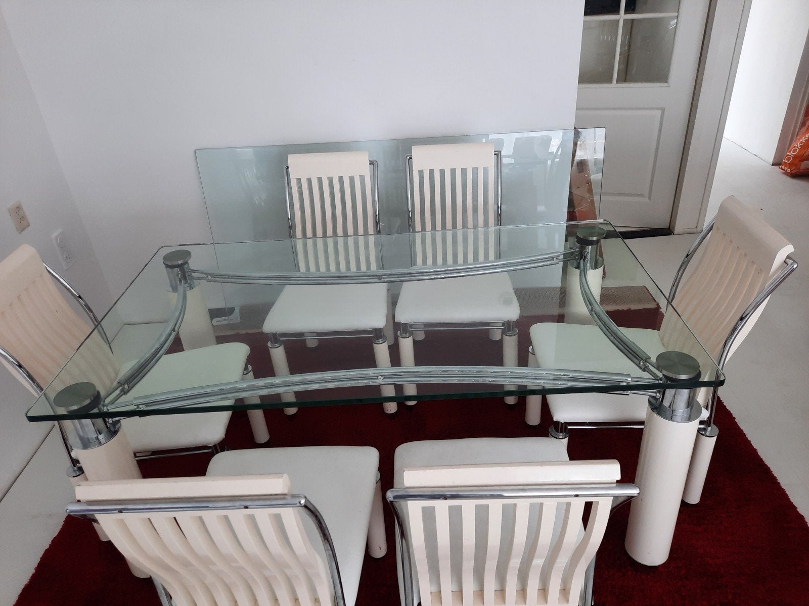 Mooie eethoek met glazen tafel en 6 stoelen, Huis en Inrichting, Complete eetkamers, Ophalen, Gebruikt, 4 tot 6 stoelen