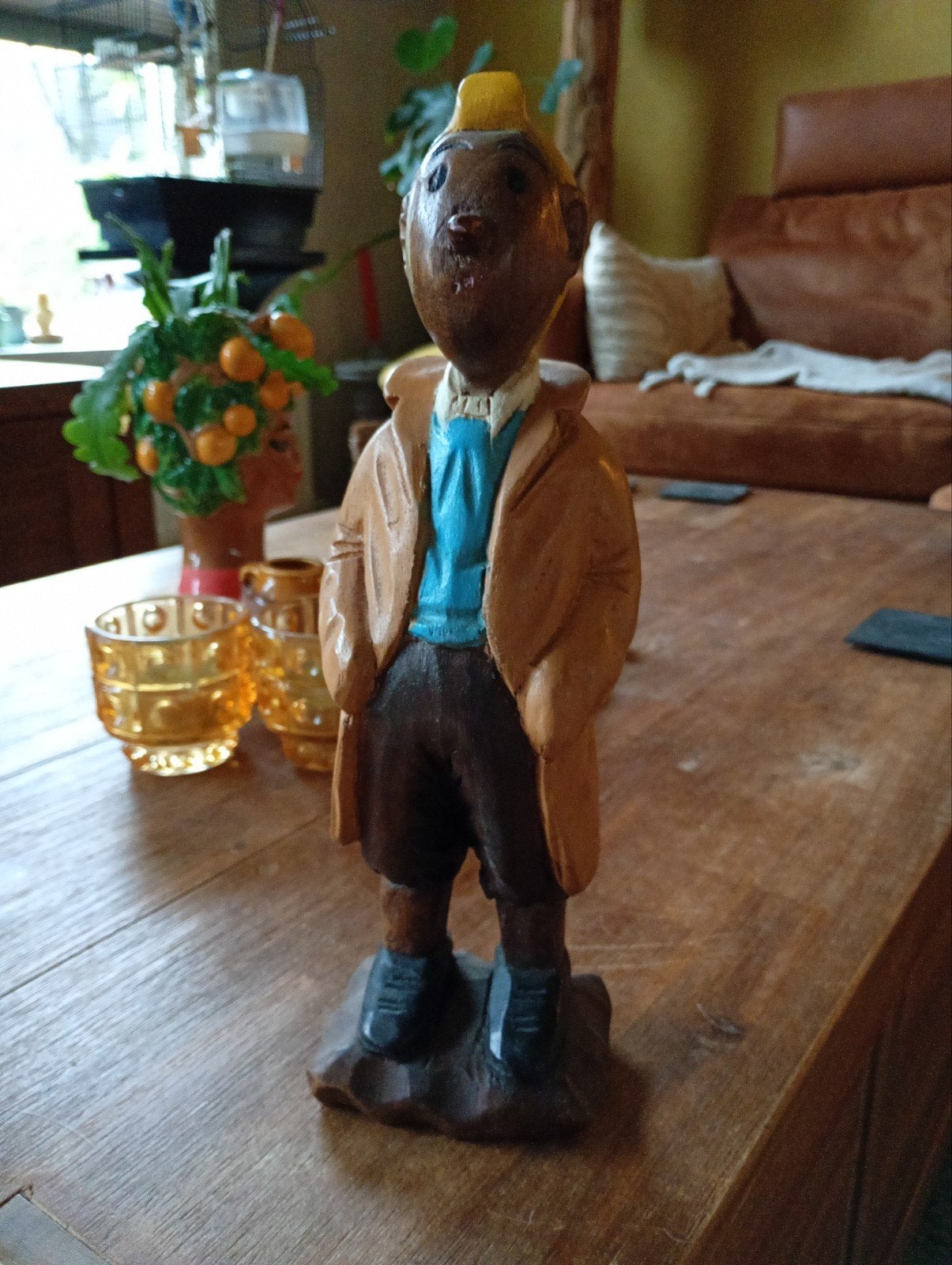 Vintage houten beeld kuifje Tintin, Ophalen of Verzenden, 20 - 50 cm, Handgemaakt, Beeld
