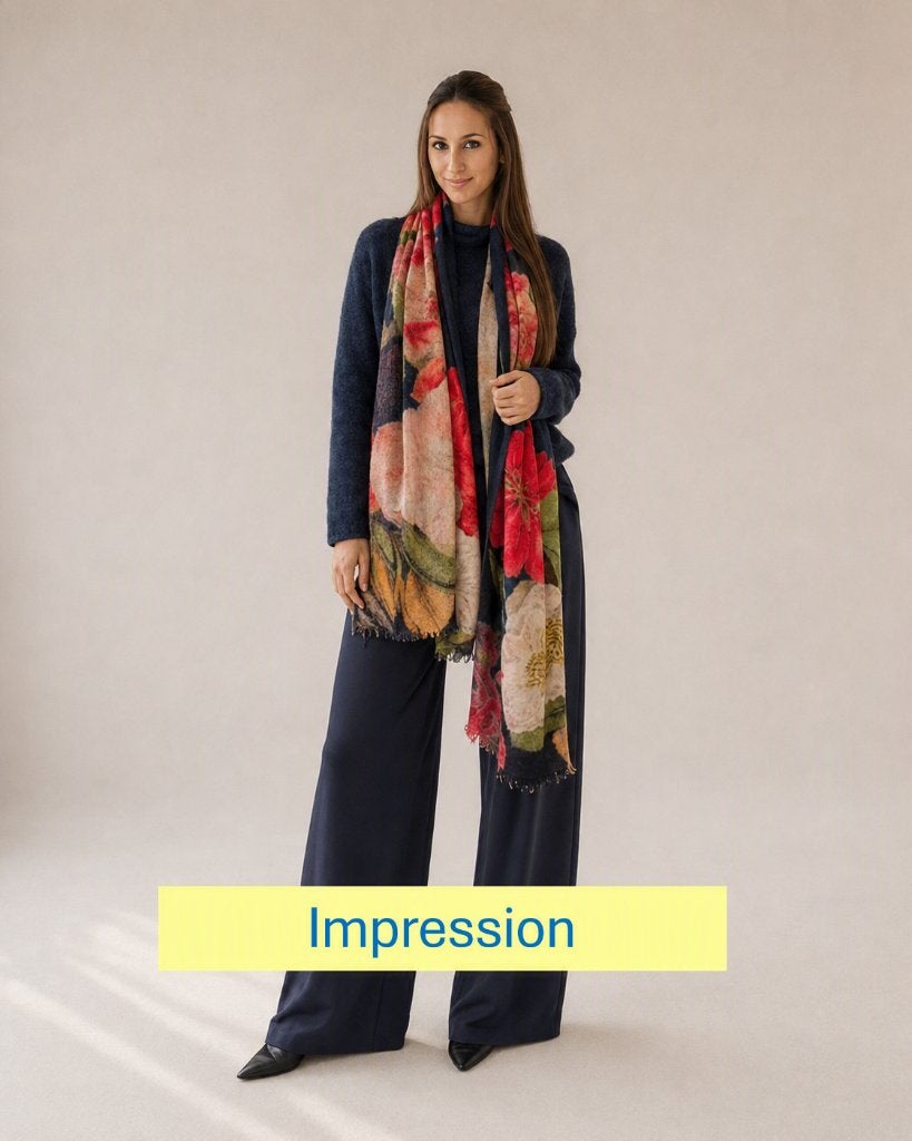 Sarah Pacini - Chique korte Merino trui met bloemen pashmina, Blauw, Sarah Pacini, Maat 42/44 (L), Ophalen of Verzenden