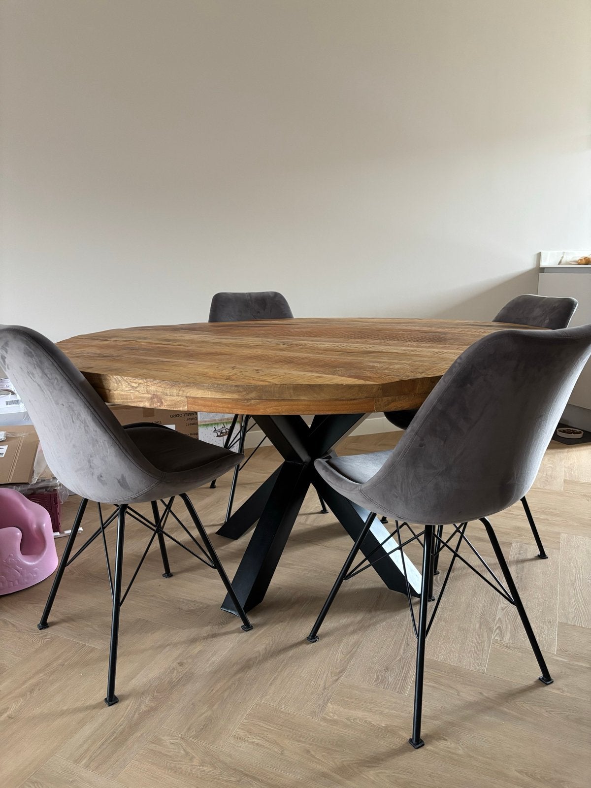 Ronde eettafel met spinpoot en 4 stoelen, Ophalen, Gebruikt, 100 tot 150 cm, Rond