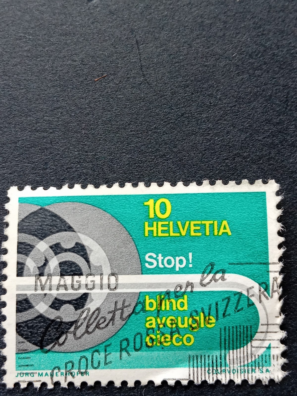 Zeldzame Zwitserse postzegel 10 HELVETIA 'Stop! Blind', Ophalen of Verzenden