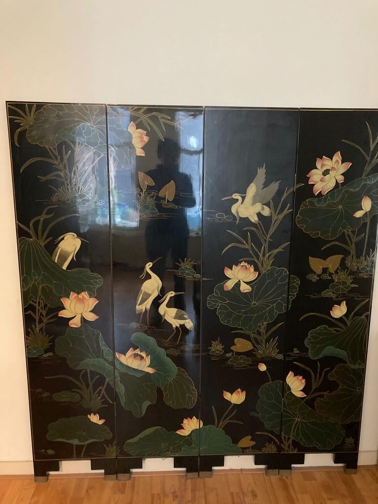 Aziatisch kamerscherm / roomdivider met kraanvogels en lotus, Huis en Inrichting, Woonaccessoires | Kamerschermen, Ophalen, Zo goed als nieuw