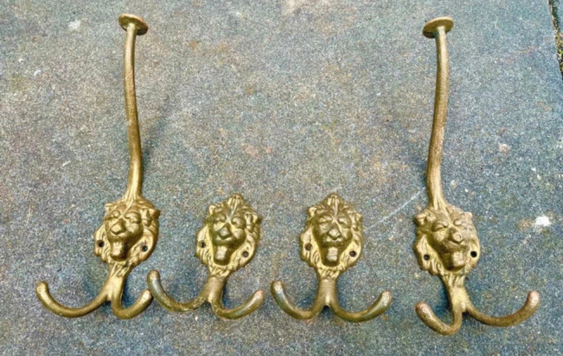 1890-1910 set van 4 antiek leeuwenkop muurhaken,, Antiek en Kunst, Ophalen of Verzenden