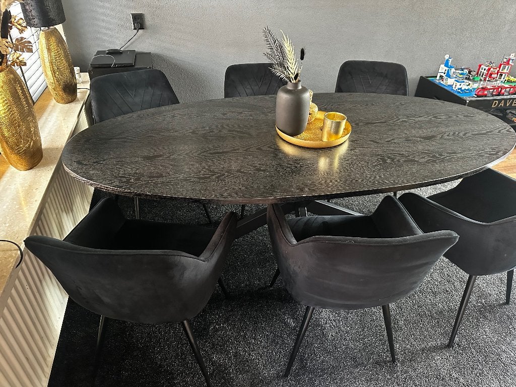 Ovale eettafel met 6 zwart velvet stoelen, Ophalen, 200 cm of meer, 50 tot 100 cm, Zo goed als nieuw