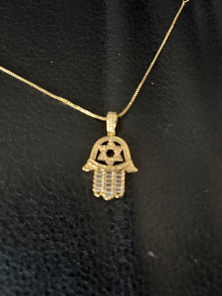 RVS ketting Hamsa+Davidster hanger met zirkonia goudkleur, Overige materialen, Nieuw, Ophalen of Verzenden, Met edelsteen