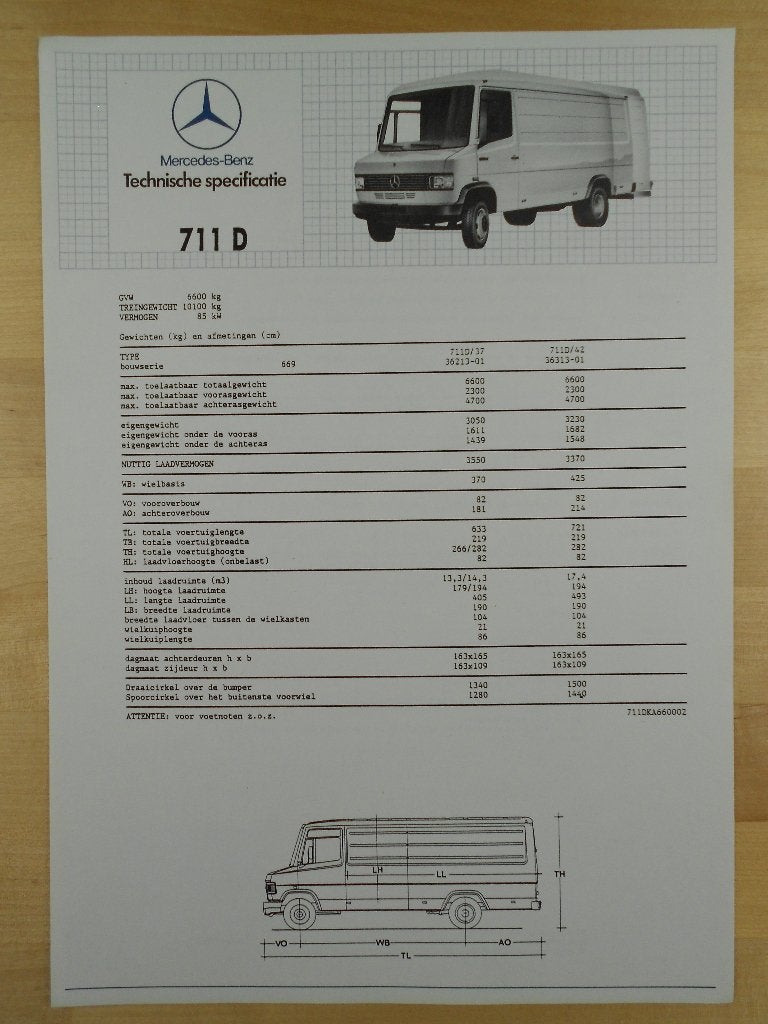 Mercedes 711D Technische Specificatie folder ca 1987 BG 711, Zo goed als nieuw, Mercedes-Benz, Mercedes, Ophalen of Verzenden