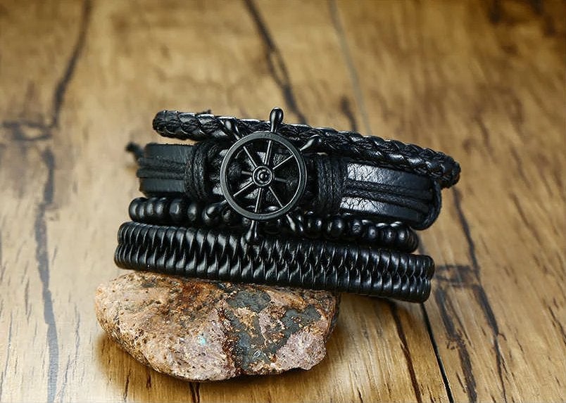 Set Van 4 Zwarte Heren Armbanden Met Roer, Verzenden, Nieuw, Zwart, Leer