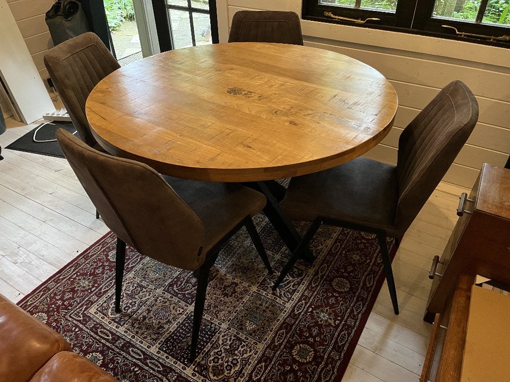 Ronde eikenhouten eettafel 120 cm + 4 microvezel eetstoelen, Huis en Inrichting, Tafels | Eettafels, Ophalen, Zo goed als nieuw