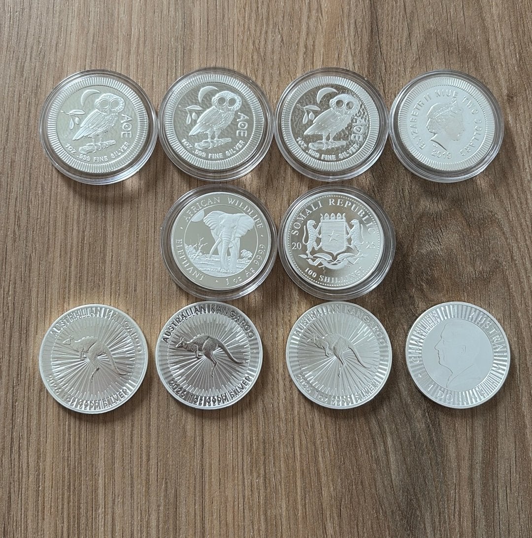 10x 1 ounce zilver (lot 4) owl elephant kangaroo, Ophalen of Verzenden, Zilver